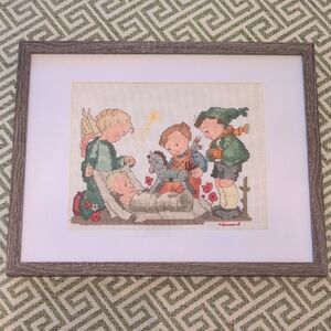 Framed Hummel Cross-Stitch Art Nativity Angel Scene Handmade Vintage